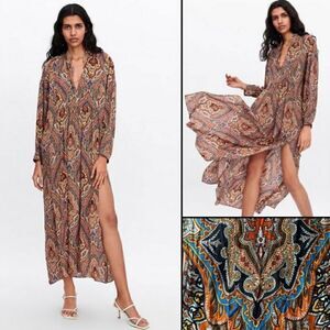 Zara Bohemian Paisley Side Slit V-Neck Long Sleeve Maxi Dress